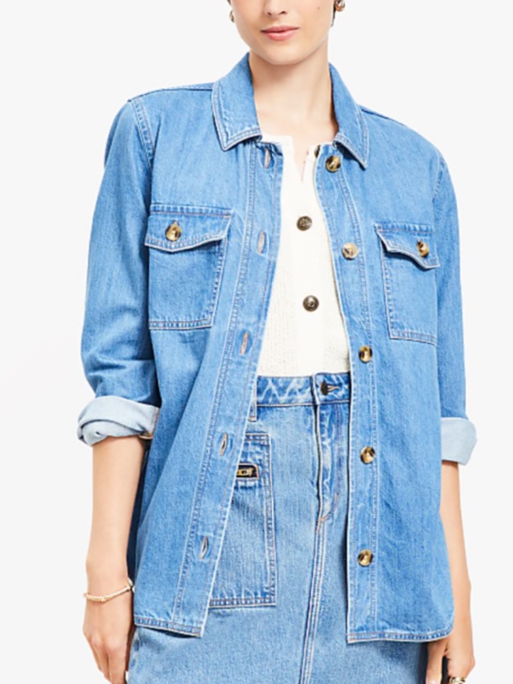 LOFT Denim Shirt Jacket in Mid Wash Color, Size L, NWT
